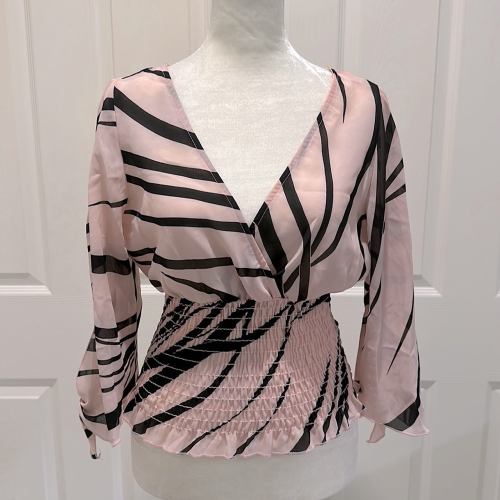 🔺SOLD🔺Pink & Black Smocked Chiffon Blouse - Medium
